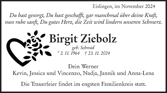 Traueranzeige von Birgit Ziebolz von NWZ Neue Württembergische Zeitung