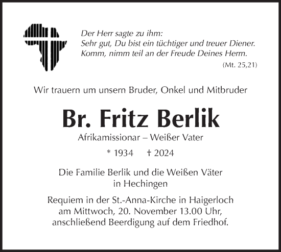 Traueranzeige von Br. Fritz Berlik von SÜDWEST PRESSE Zollernalbkreis/Hohenzollerische Zeitung