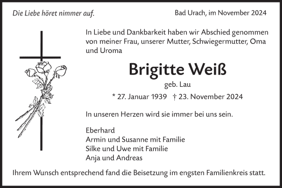 Traueranzeige von Brigitte Weiß von Alb-Bote/Metzinger-Uracher Volksblatt