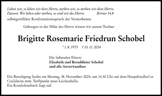 Traueranzeige von Brigitte Rosemarie Friedrun Schobel von Hohenloher Tagblatt