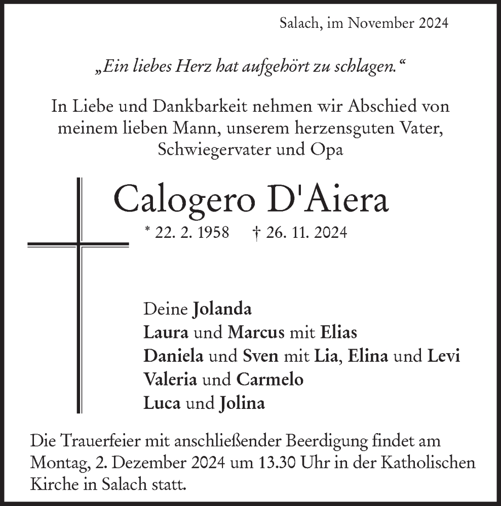  Traueranzeige für Calogero D Aiera vom 28.11.2024 aus NWZ Neue Württembergische Zeitung