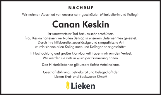 Traueranzeige von Canan Keskin von Hohenloher Tagblatt