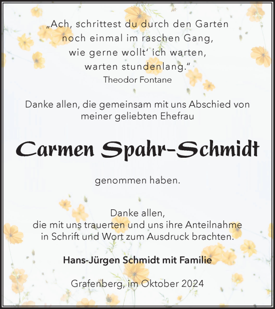 Traueranzeige von Carmen Spahr-Schmidt von Schwäbische Tagblatt