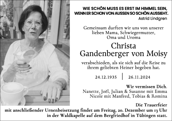 Traueranzeige von Christa Gandenberger von Moisy von Schwäbische Tagblatt