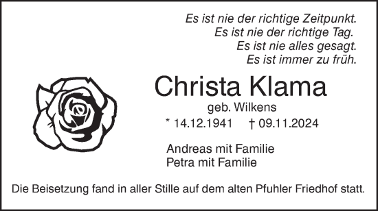 Traueranzeige von Christa Klama von SÜDWEST PRESSE Ausgabe Ulm/Neu-Ulm