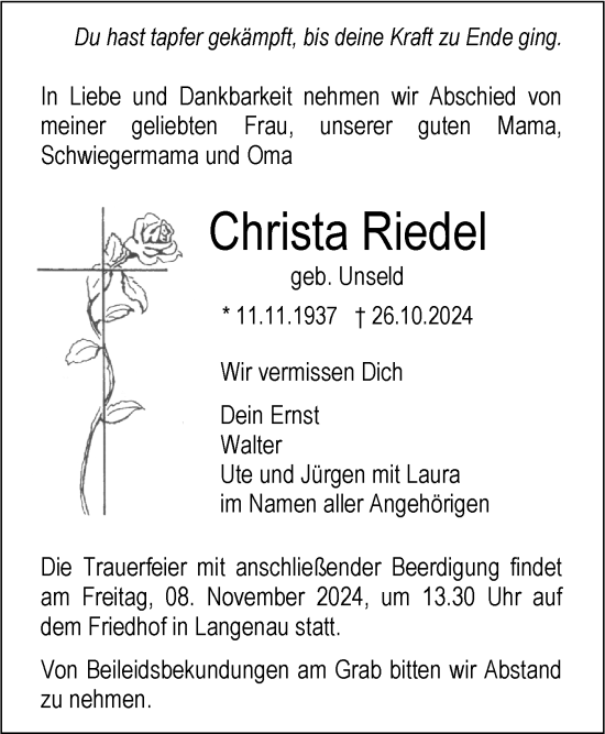 Traueranzeige von Christa Riedel von SÜDWEST PRESSE Ausgabe Ulm/Neu-Ulm