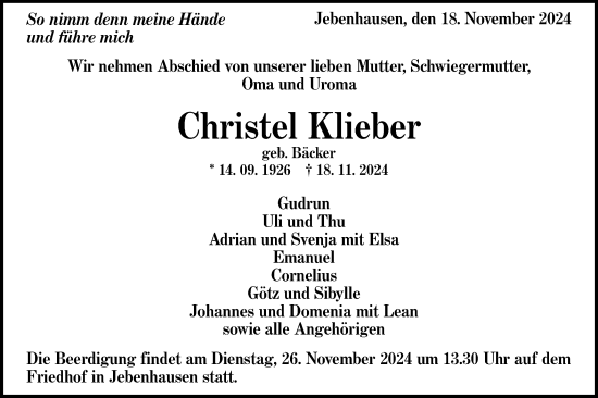 Traueranzeige von Christel Klieber von NWZ Neue Württembergische Zeitung