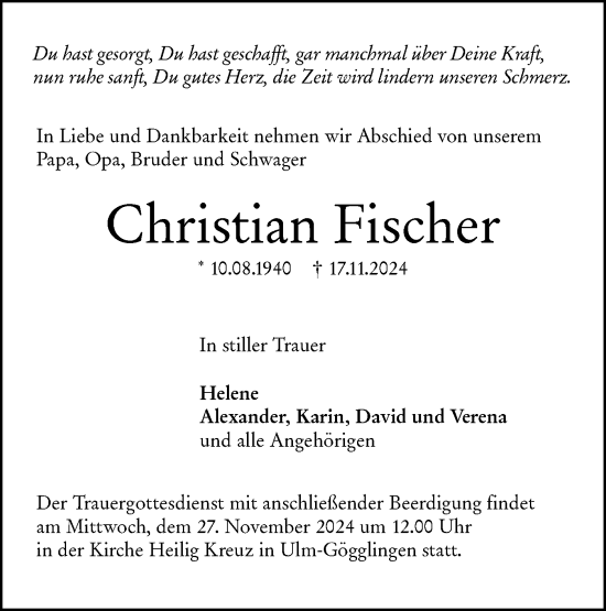 Traueranzeige von Christian Fischer von SÜDWEST PRESSE Ausgabe Ulm/Neu-Ulm