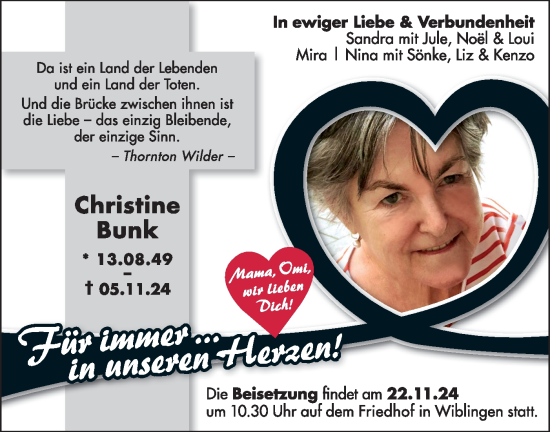 Traueranzeige von Christine Bunk von SÜDWEST PRESSE Ausgabe Ulm/Neu-Ulm