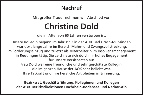 Traueranzeige von Christine Dold von Alb-Bote/Metzinger-Uracher Volksblatt