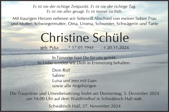 Traueranzeige von Christine Schüle von Haller Tagblatt