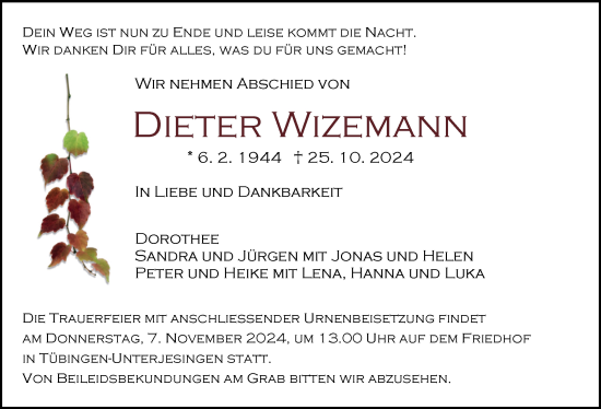 Traueranzeige von Dieter Wizemann von Schwäbische Tagblatt