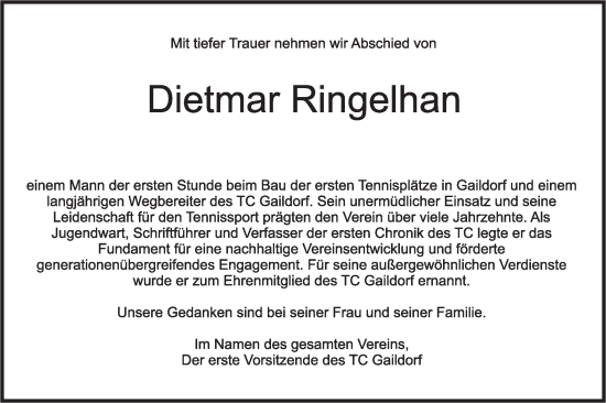 Traueranzeige von Dietmar Ringelhan von Rundschau Gaildorf