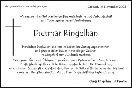 Traueranzeige von Dietmar Ringelhan von Rundschau Gaildorf