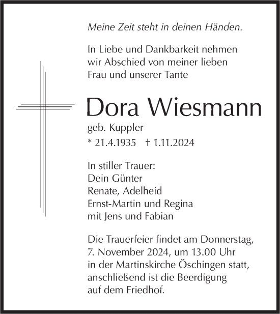 Traueranzeige von Dora Wiesmann von Schwäbische Tagblatt