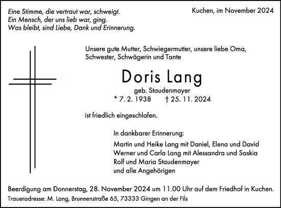 Traueranzeige von Doris Lang von Geislinger Zeitung