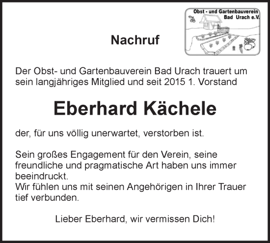 Traueranzeige von Eberhard Kächele von Alb-Bote/Metzinger-Uracher Volksblatt