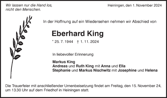 Traueranzeige von Eberhard King von NWZ Neue Württembergische Zeitung