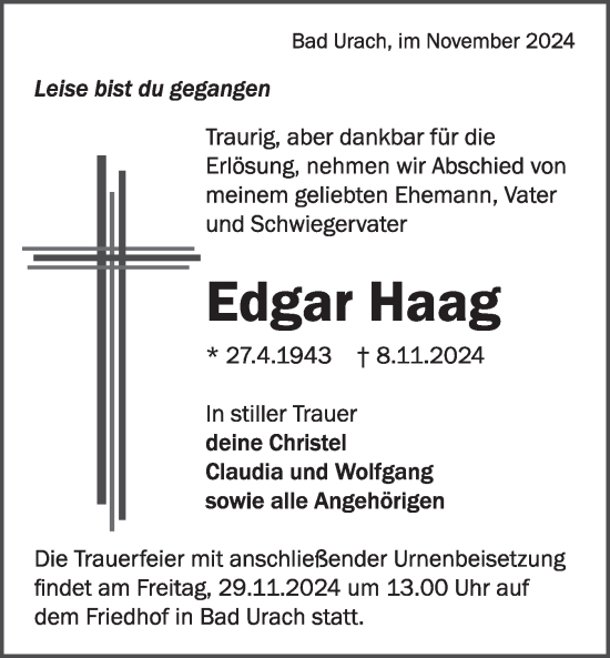 Traueranzeige von Edgar Haag von Alb-Bote/Metzinger-Uracher Volksblatt