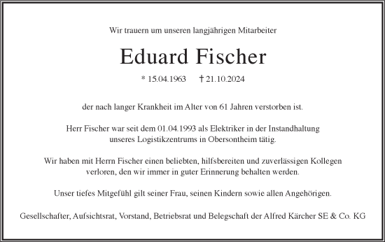 Traueranzeige von Eduard Fischer von Haller Tagblatt