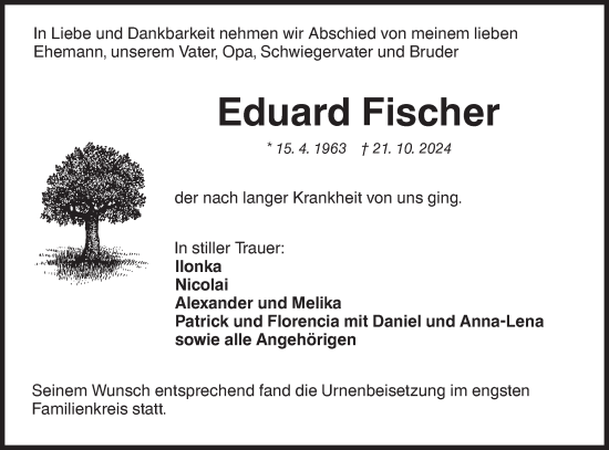 Traueranzeige von Eduard Fischer von Haller Tagblatt