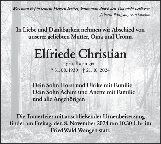 Traueranzeige von Elfriede Christian von NWZ Neue Württembergische Zeitung