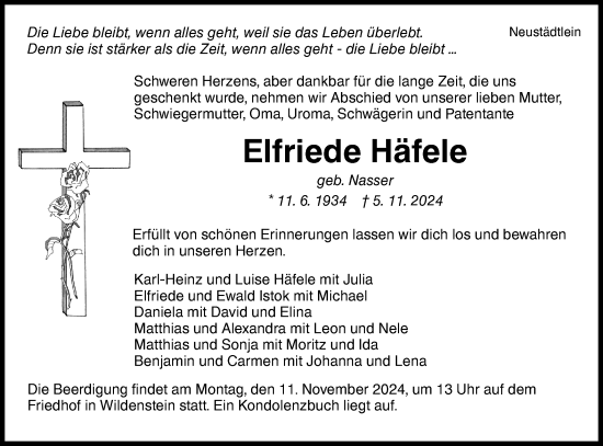 Traueranzeige von Elfriede Häfele von Hohenloher Tagblatt