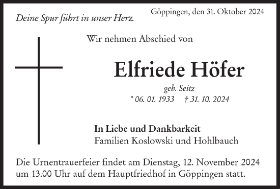 Traueranzeige von Elfriede Höfer von NWZ Neue Württembergische Zeitung