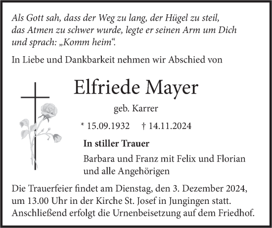 Traueranzeige von Elfriede Mayer von SÜDWEST PRESSE Ausgabe Ulm/Neu-Ulm