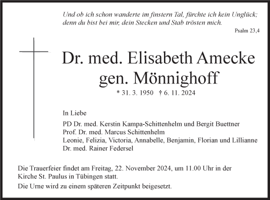 Traueranzeige von Elisabeth Amecke gen. Mönnighoff von Schwäbische Tagblatt