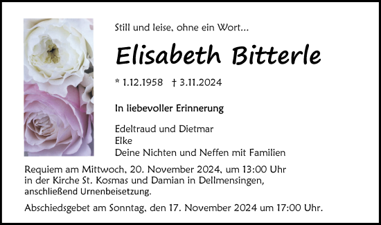 Traueranzeige von Elisabeth Bitterle von SÜDWEST PRESSE Ausgabe Ulm/Neu-Ulm