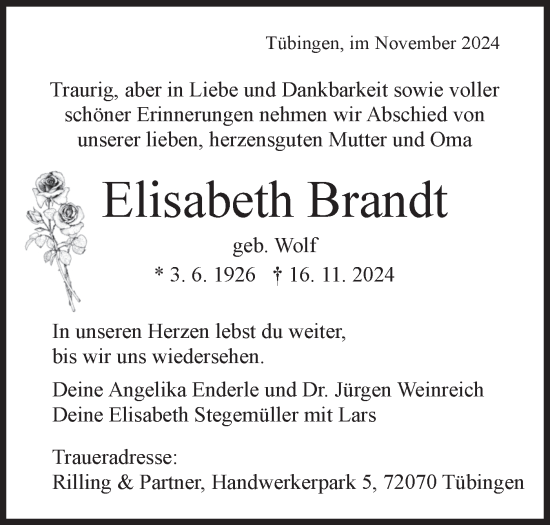 Traueranzeige von Elisabeth Brandt von Schwäbische Tagblatt