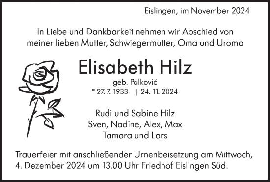 Traueranzeige von Elisabeth Hilz von NWZ Neue Württembergische Zeitung