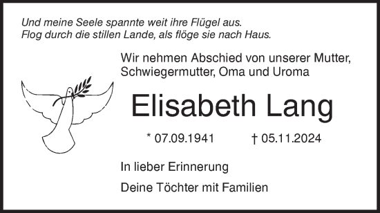 Traueranzeige von Elisabeth Lang von SÜDWEST PRESSE Ausgabe Ulm/Neu-Ulm