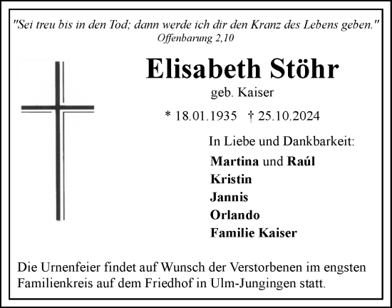 Traueranzeige von Elisabeth Stöhr von SÜDWEST PRESSE Ausgabe Ulm/Neu-Ulm