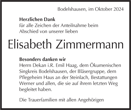 Traueranzeige von Elisabeth Zimmermann von Schwäbische Tagblatt