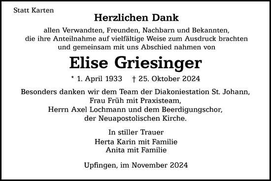 Traueranzeige von Elise Griesinger von Alb-Bote/Metzinger-Uracher Volksblatt