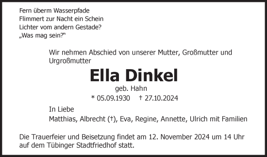 Traueranzeige von Ella Dinkel von Schwäbische Tagblatt