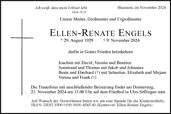 Traueranzeige von Ellen-Renate Engels von SÜDWEST PRESSE Ausgabe Ulm/Neu-Ulm