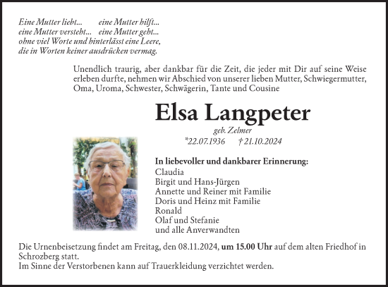 Traueranzeige von Elsa Langpeter von Hohenloher Tagblatt