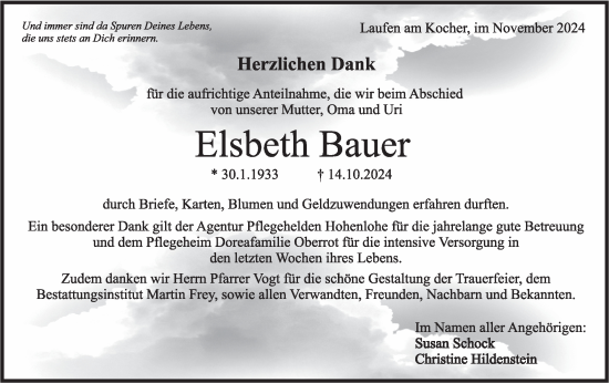 Traueranzeige von Elsbeth Bauer von Rundschau Gaildorf