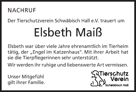 Traueranzeige von Elsbeth Maiß von Haller Tagblatt