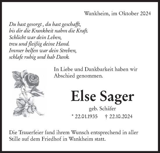 Traueranzeige von Else Sager von Schwäbische Tagblatt