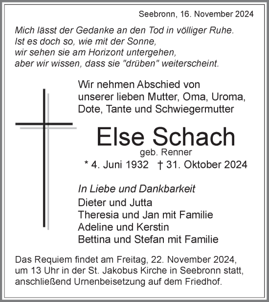 Traueranzeige von Else Schach von Schwäbische Tagblatt