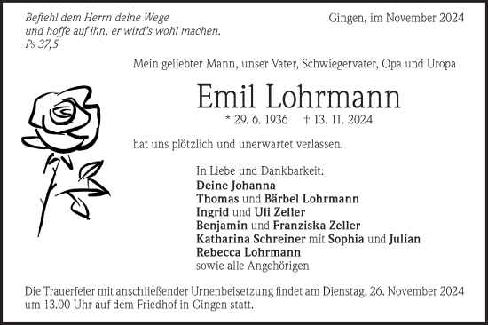 Traueranzeige von Emil Lohrmann von Geislinger Zeitung