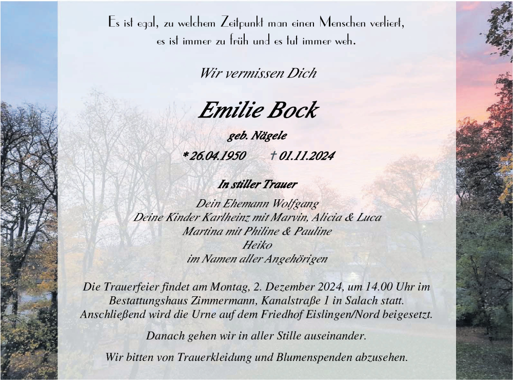  Traueranzeige für Emilie Bock vom 07.11.2024 aus NWZ Neue Württembergische Zeitung