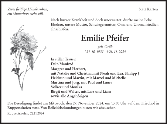 Traueranzeige von Emilie Pfeifer von Haller Tagblatt/Hohenloher Tagblatt