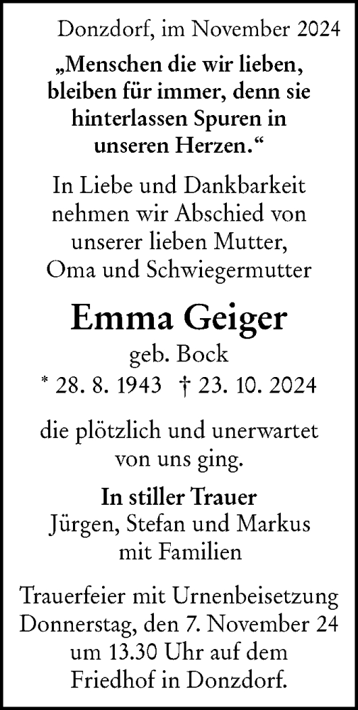 Traueranzeige von Emma Geiger von NWZ Neue Württembergische Zeitung