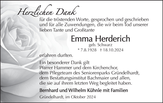 Traueranzeige von Emma Herderich von Hohenloher Tagblatt