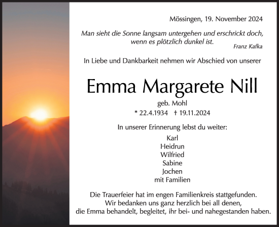 Traueranzeige von Emma Margarete Nill von Schwäbische Tagblatt